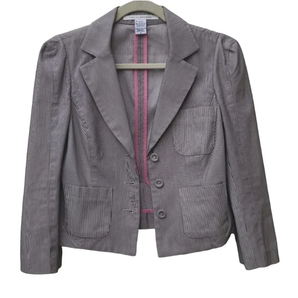 DIANE VON FURSTENBERG DVF Pinstriped Peplum Blazer 6 M Crop Jacket Seersucker - Picture 13 of 15